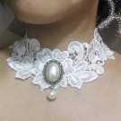 Bridal Gothic sexy Lolita Lace ribbon Faux pearl white Choker necklace NR339