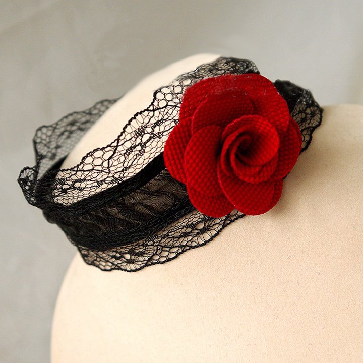 Gothic sexy Lolita Lace Bow dangle Red flower Black Choker necklace NR405