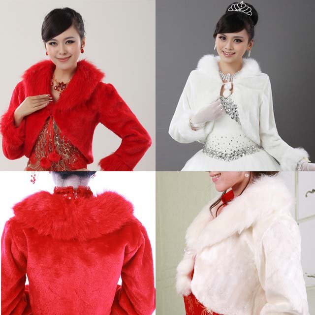 Bridal Off white Red 3/4 sleeve Faux Fur Shrug Shawl Cape Wrap BOLERO SF136