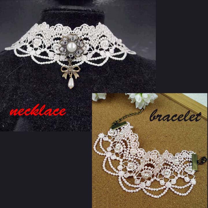 Gothic sexy Lolita Bow Ivorie Victorian style Faux pearl bracelet necklace NR349