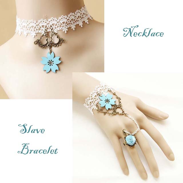 Gothic Lolita Blue Flower white Belly dance slave bracelet necklace set BR310