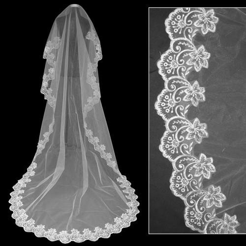 Bridal Cathedral Wedding White Ivory Veil lace edge 3M V01