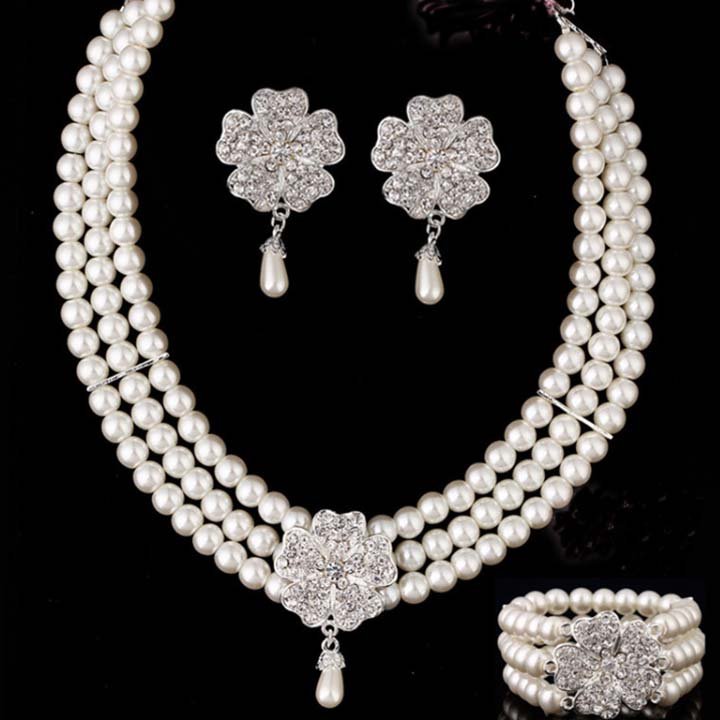 Bridal Rhinestone crystal Faux pearl Flower earring bracelet necklace set NR394
