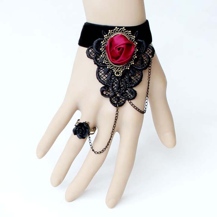Gothic Lolita Sexy Rose Flower black lace Belly dance slave bracelet BR340