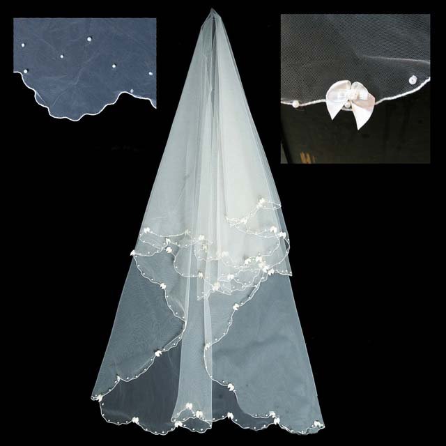 Bridal Cathedral Bow Bead Wedding Ivory White Veil 1.5 m V06