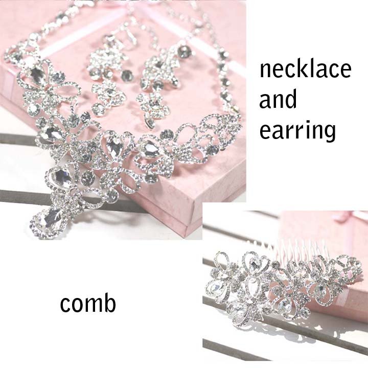 Bridal Rhinestone crystal Topknot comb earring necklace set NR379