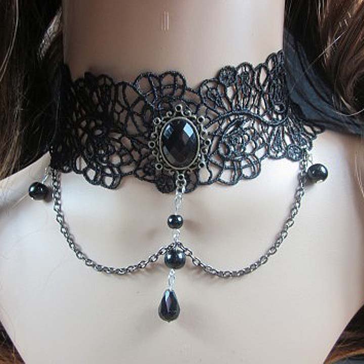 Gothic sexy Lolita Lace ribbon Black Choker necklace NR391