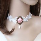 Gothic sexy Lolita Lace White Bead Pink Flower Rose Choker necklace NR344