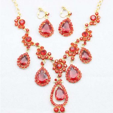 Bridal Rhinestone crystal Red  dangle Headress necklace earrring set NR359
