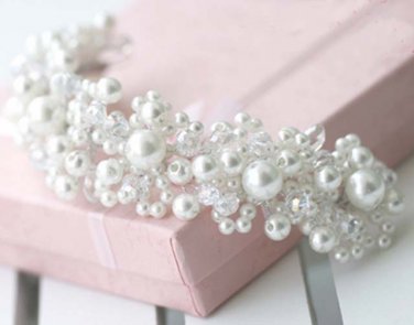 Bridal Bead Faux pearl Adjustable wire forehead band Hair Tiara HR202