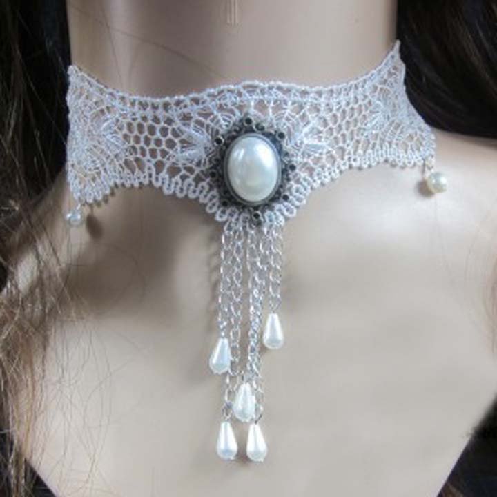 Bridal Gothic sexy Lolita Lace Faux pearl dangle white Choker necklace NR330