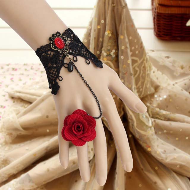 Sexy Belly dance Rhinestone Red flower Black Lace gothic slave Bracelet BR329