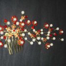 Bridal Faux Pearl Headpiece gold tone Red Rhinestone Hair tiara Comb RB252