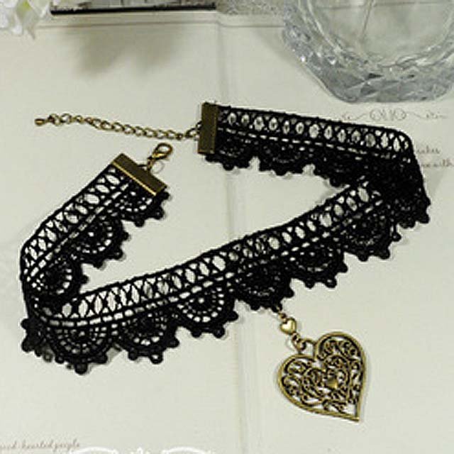 Gothic sexy Lolita Lace Heart ribbon Black Choker necklace NR279