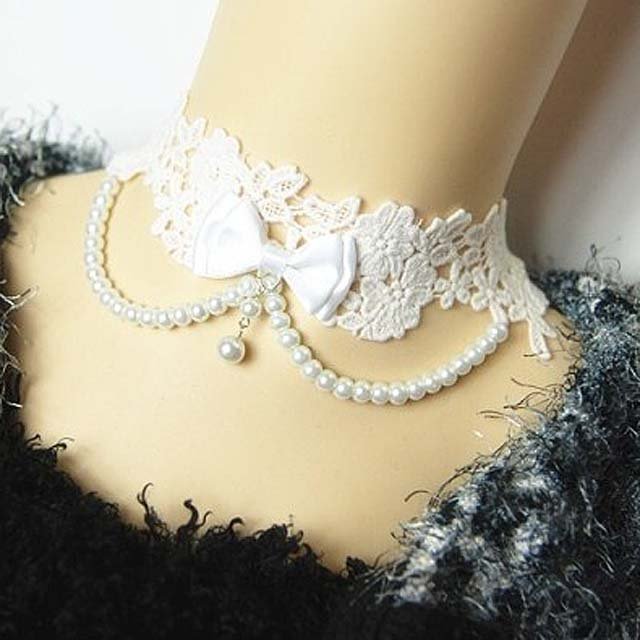 Gothic sexy Lolita Lace Bow Faux pearl Bead White Choker necklace NR388