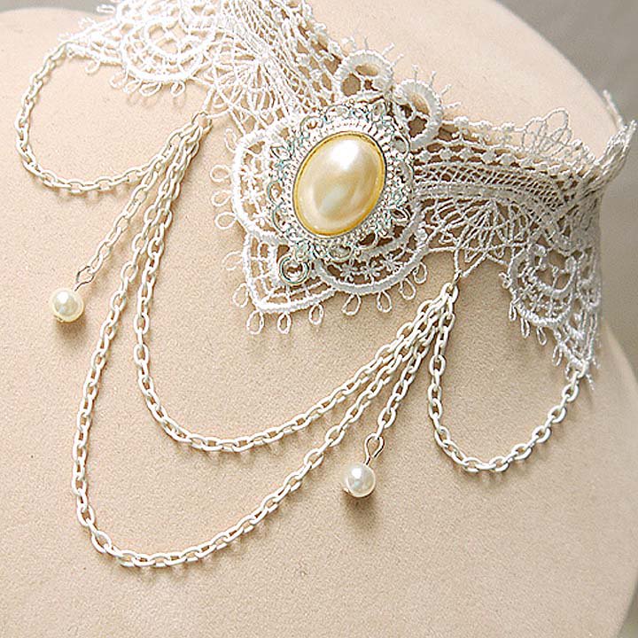 Gothic Lolita Lace white flower Faux pearl dangle Choker necklace NR426