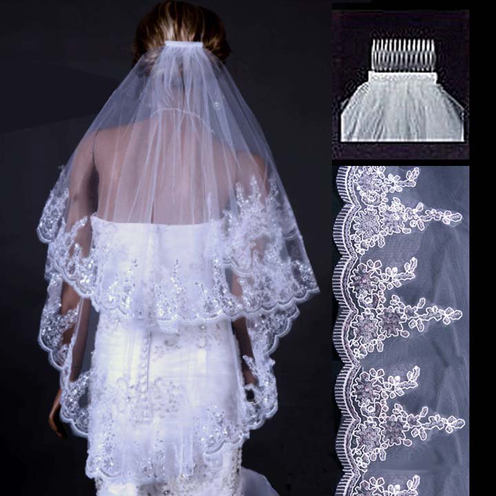 2T Bridal Flower Wedding White Ivory Veil lace edge with comb V13