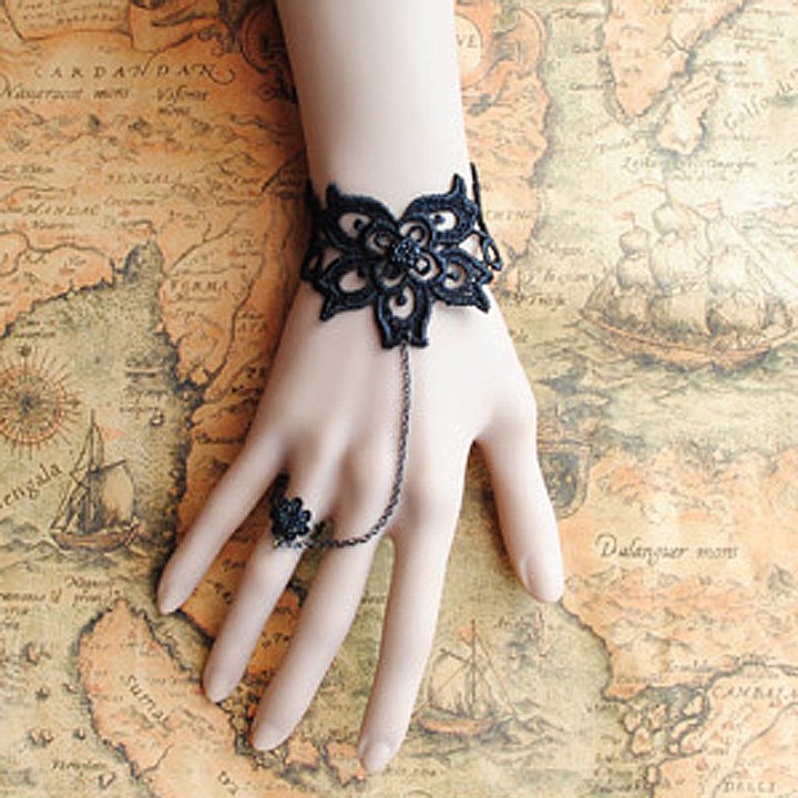 Gothic Lolita Sexy Flower dangle black Belly dance slave bracelet BR362