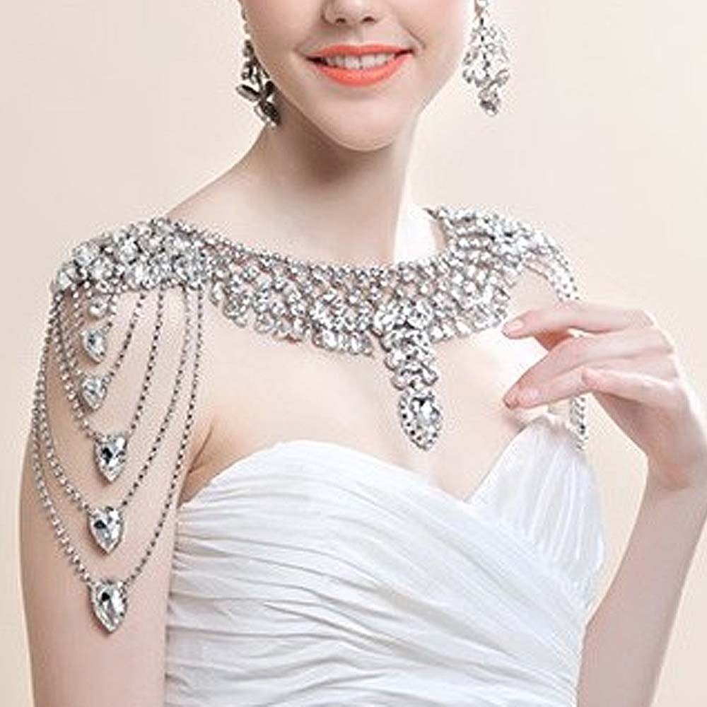 Bridal crystal Rhinestone shoulder deco bib Halter large necklace NR468