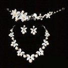Bridal dangle Faux Pearl leaf Rhinestone Crystal Prom necklace earring set HR213