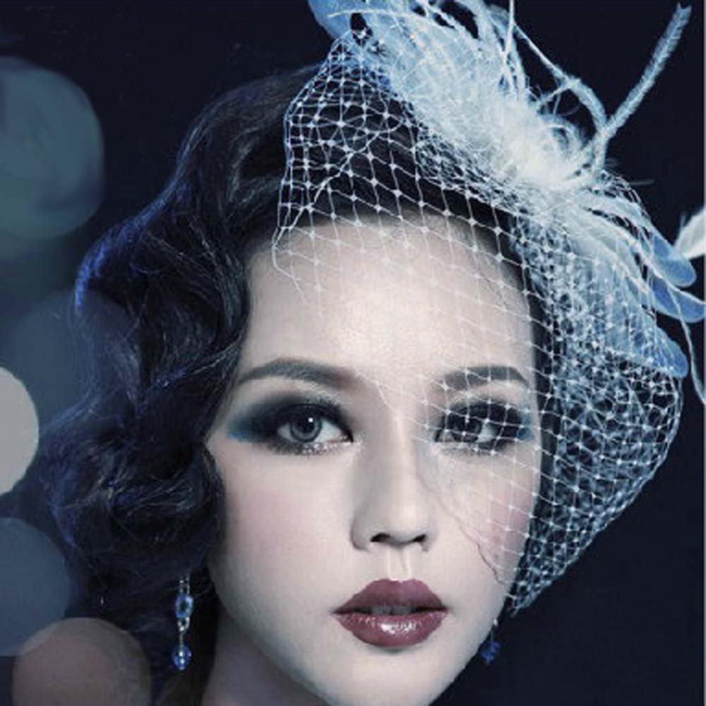 Bridal white dance bow veil feather Birdcage Fascinator net Hair clip HR318