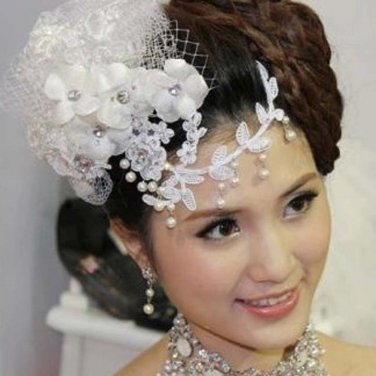 Bridal Feather Melbourne Cup white hair Faux pearl net lace Fascinator BA188