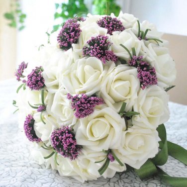 Wedding Bouquet Artificial Plastic White purple Flower Posy WB02