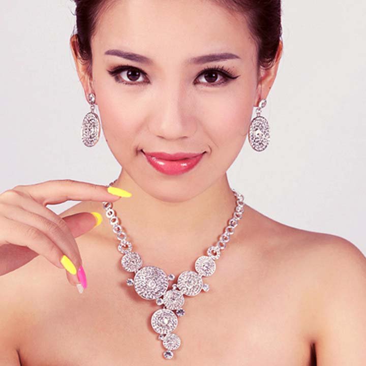 Circle Bridal Rhinestone crystal round prom earring necklace set NR443