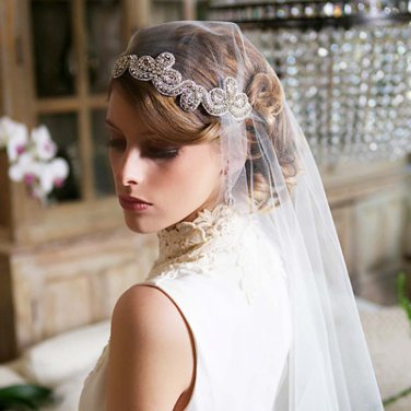 Bridal Rhinestone trim sash applique ribbon headband Princess Prom Tiara HR311