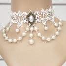 Gothic Lolita white fashionable bead lace ribbon dangle necklace choker NR452