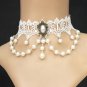 Gothic Lolita white fashionable bead lace ribbon dangle necklace choker NR452