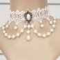 Gothic Lolita white fashionable bead lace ribbon dangle necklace choker NR452