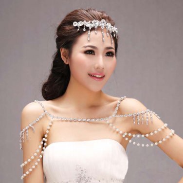 2 items Bridal crystal faux peral Rhinestone shoulder necklace tiara set HR293