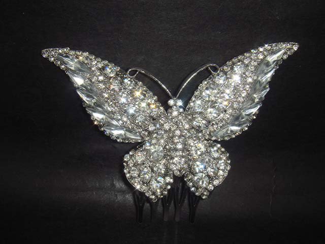 Bridal Rhinestone silver tone clear crystal Butterfly Hair tiara Comb RB416