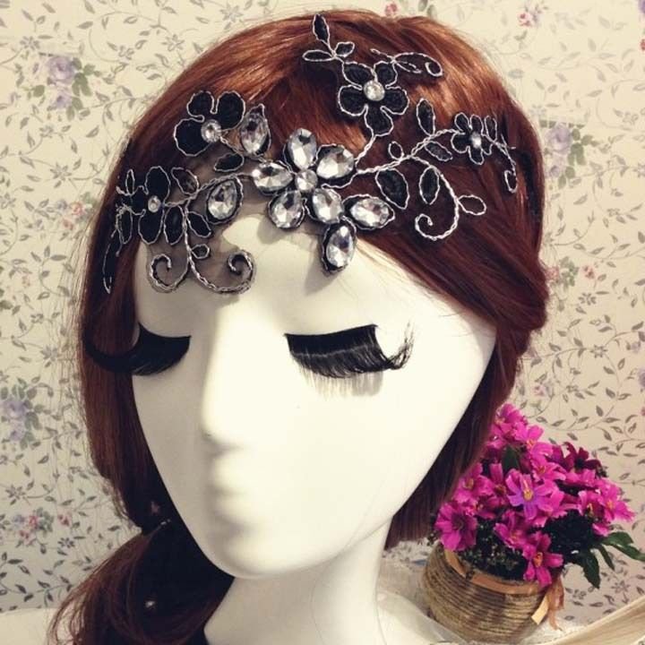 Bridal Rhinestone Black Forehead Band Flower Lace Hair Tiara Topknot Ba178