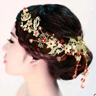 Bridal traditional Chinese Red bead gold butterfly Hair Vines Halos Tiara HR256