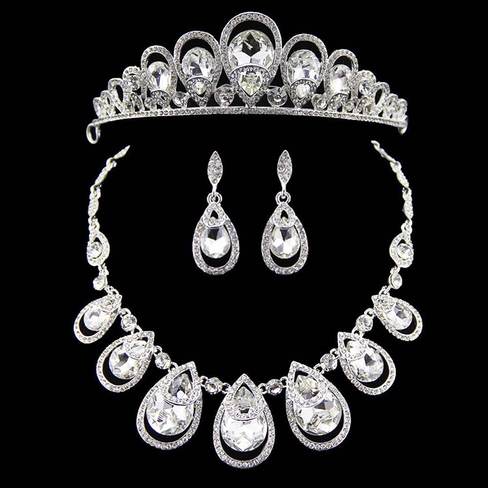 Royal style crystal rhinestone tiara and matching jewellery set necklace and earrings