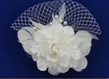 Bridal white dance flower veil feather Birdcage Fascinator net Hair clip HR319