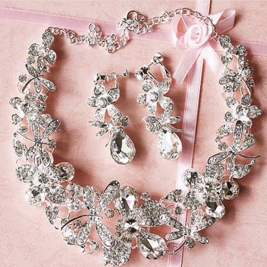 Bridal dragonfly elegant Rhinestone Crystal Hair necklace earring set NR450