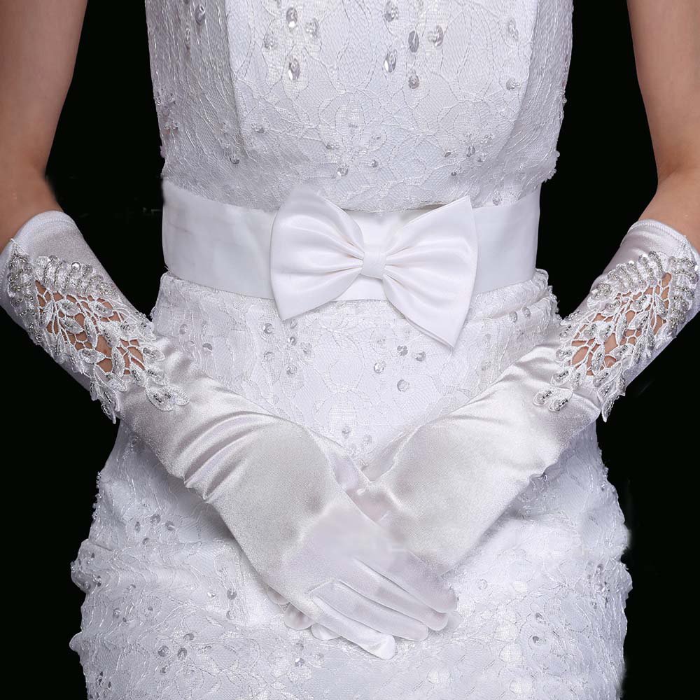 14" Bridal prom Lace Satin Voile Sequin Evening Gloves S50
