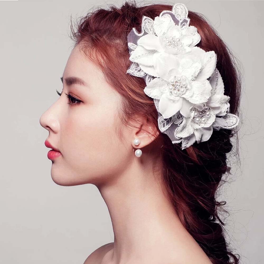 Bridal lace white rhinestone flower Faux pearl prom hair Fascinator comb BA198