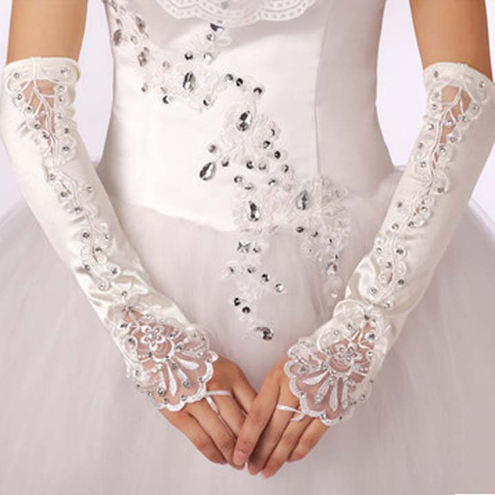 13" Bridal prom sexy satin white flower plastic rhinestone Fingerless Gloves S43
