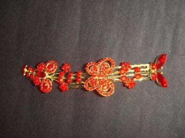 2pcs Bridal butterfly Headpiece gold tone Red Rhinestone Hair tiara Comb RB607