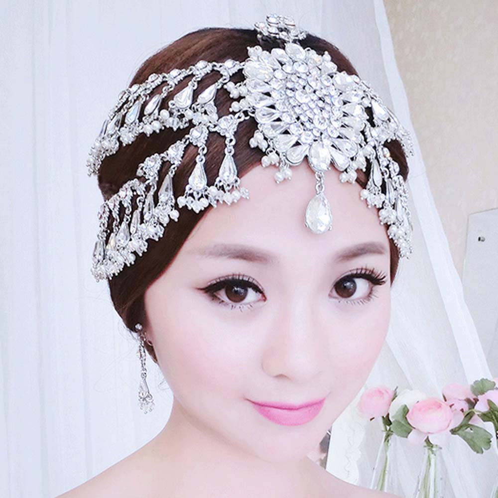 Bridal Rhinestone forehead band dangle headdress topknot Hair tiara HR300