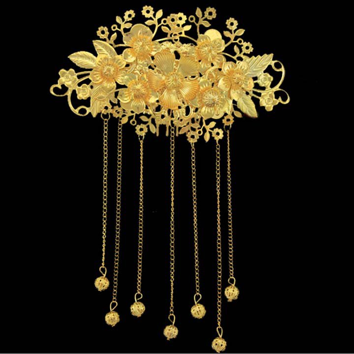 Bridal Chinese traditional gold tone dangle Flower Headpiece Hair tiara RB650