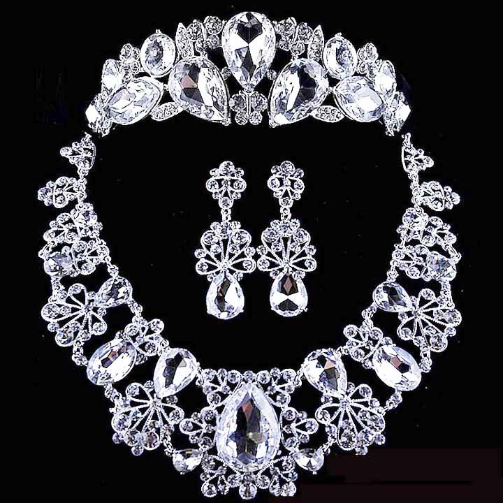 3 items Bridal Rhinestone crystal Topknot tiara earring necklace set NR311
