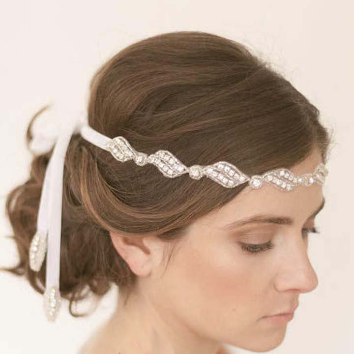 Bridal Rhinestone trim sash applique ribbon headband Princess Prom Tiara HR286