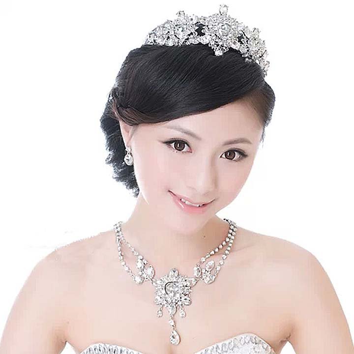 3 items Bridal dangle heart Rhinestone Crystal Prom necklace earring set NR442