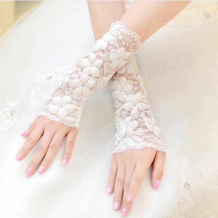 8.5" Bridal plastic rhinestone sexy Lace white Flower Fingerless Gloves S46