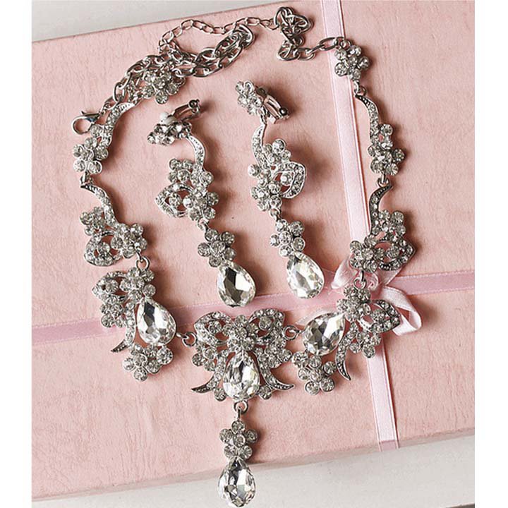 Bridal dangle bow Rhinestone Crystal necklace earring set NR458